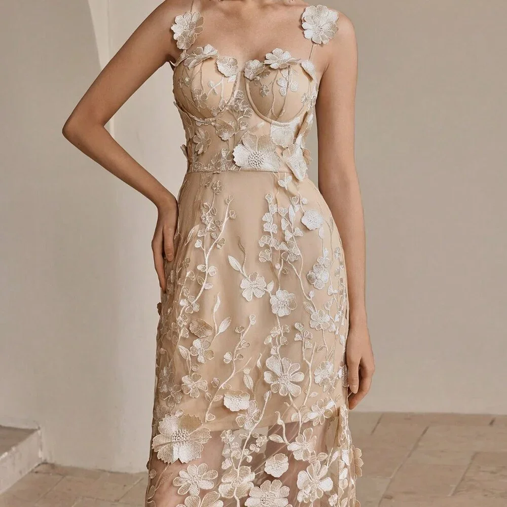 Champagne Elegant Women's French Luxury Floral Embroidery Mesh Camisole Dress